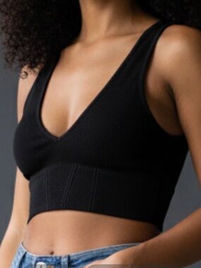 FP Intimately Lost on You Bralette V- Neck Ribbed Black Cropped Tank Top NWOT ML